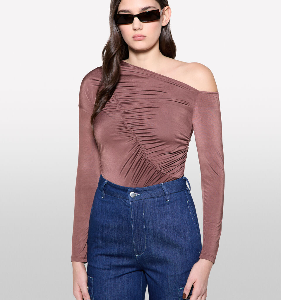 Dark brown t-shirt with rouching - women's tops - Dark Brown | Sisley image number 4